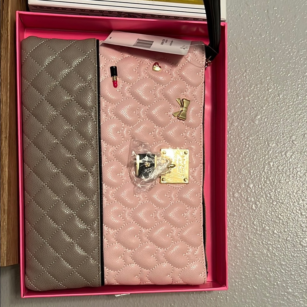 Betsey Johnson Large Pink and Gray Quilted Clutch 12x9